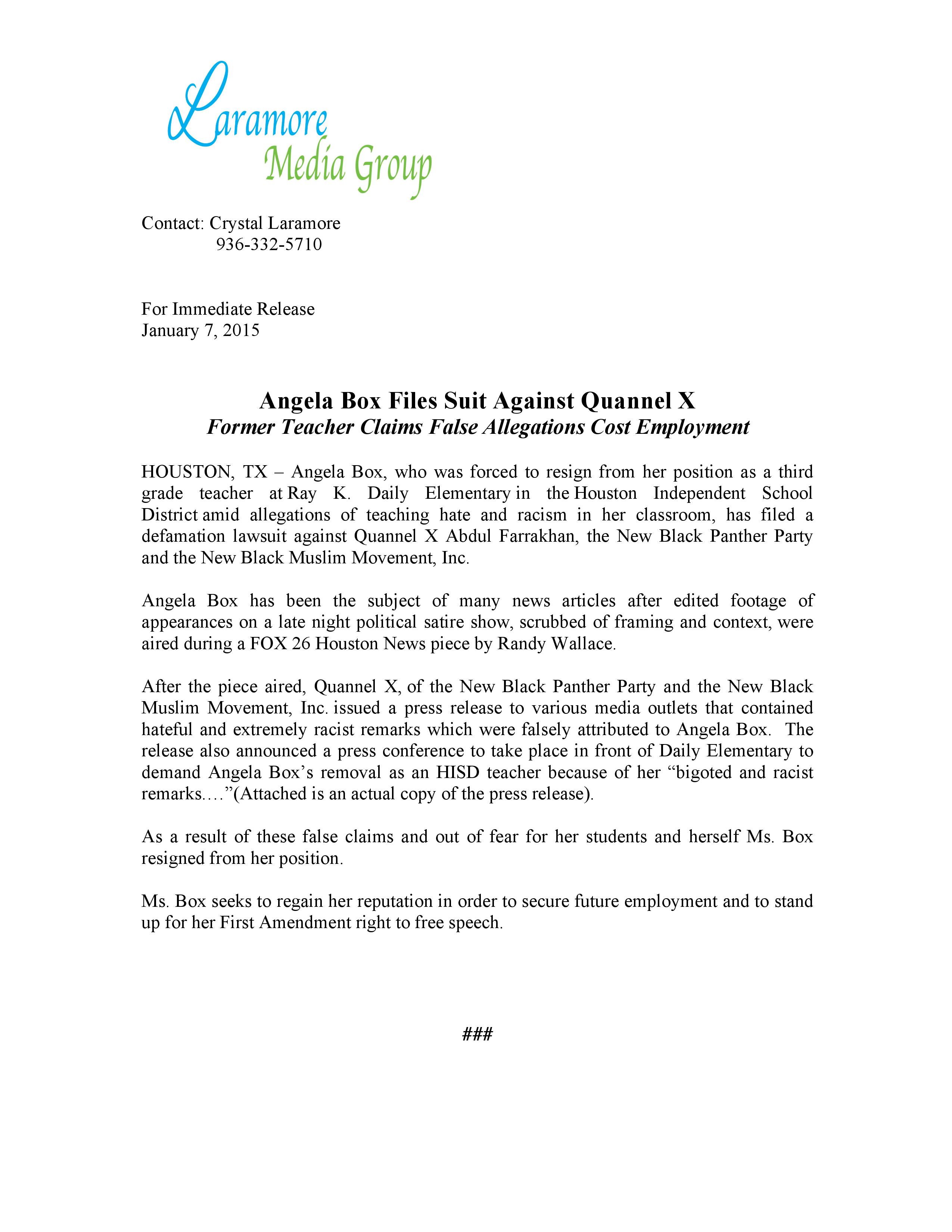 press release - angela box versus quanell x