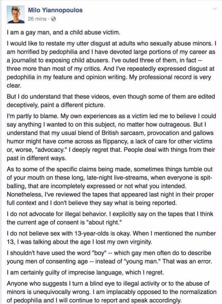 Milo's clarification about his comments, part one.